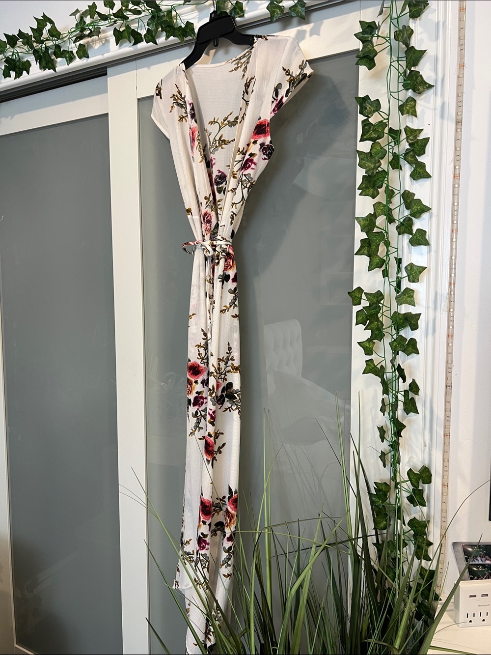 Floral V-Neck Maxi Dress/swim coverup in Ivory with Pink Roses